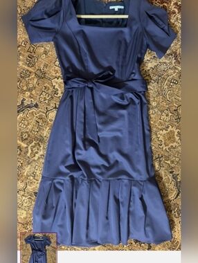 ANTONIO MELANI Navy-Lapis Blue Square-Neck Tiered Midi Dress, Tie Waist, Size: 2